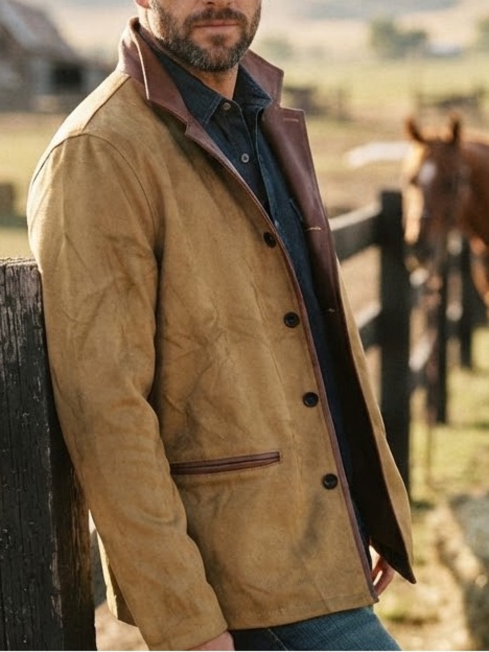 Mens Tan Faux Suede Jacket Coat Zip Out Bib Leather Trim Western Rancher